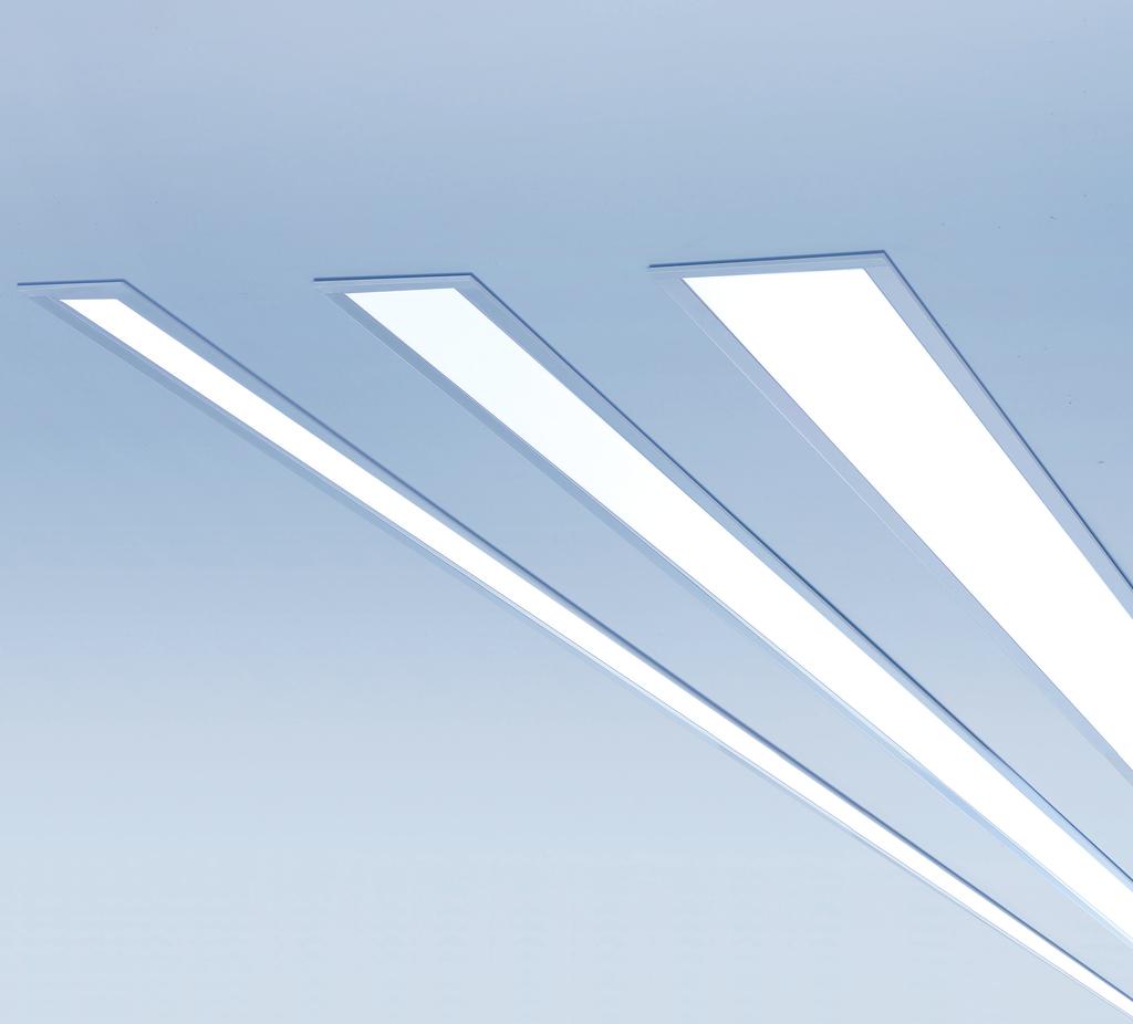 MATRIC-F DE EN FR LED-Einbau-Lichtlinie, direktstrahlend. Microprismenoptik und Ausführung mit Raster, alternativ Opaldiffusor mit perfekt homogener Lichtpunktaufl ösung oder Wallwasher mit asymm.