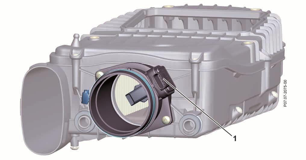 Systemkomponenten Luftmasse und Ansaugluft Heißfilm-Luftmassenmesser (B2/5) Der Heißfilm-Luftmassenmesser (HFM) befindet sich im Ansaugrohr hinter dem Luftfilter.