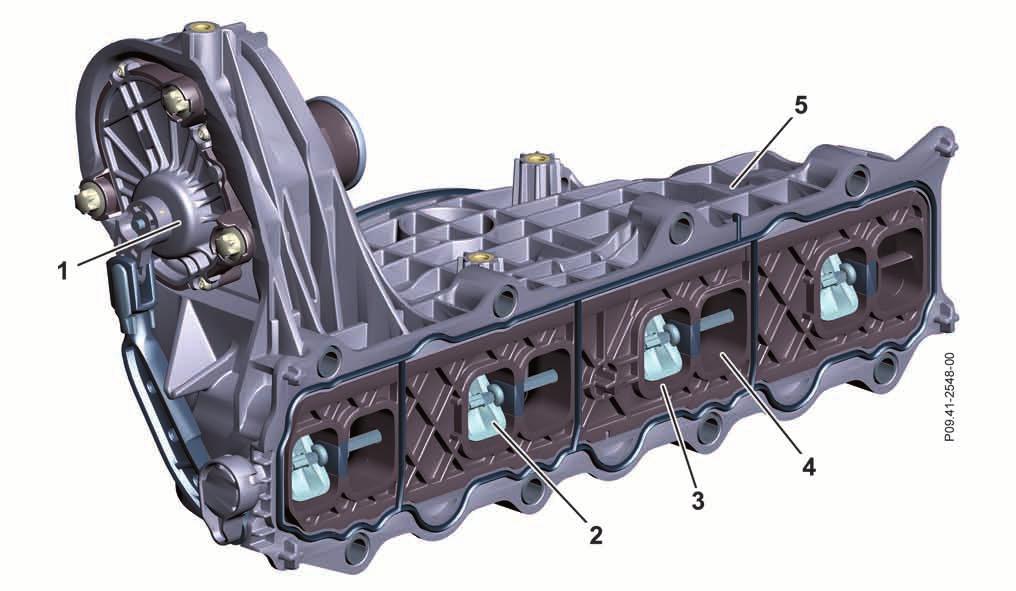 Systemkomponenten Stellmotor Einlasskanalabschaltung Der Stellmotor für die Einlasskanalabschaltung (EKAS/M55) befindet sich oberhalb des Ladeluftverteilerrohrs auf der Kraftabgabeseite links.