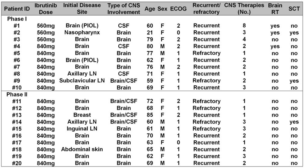 PCNSL Neue Substanzen - Ibrutinib Ibrutinib Median age 69 years (range, 21-85) 13 PCNSL, 7 SCNSL; 13 parenchymal brain lesions, 3 isolated CSF involvement, and four both Median number of prior