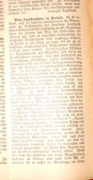 Faulbrut vor 100 Jahren Leipziger Bienenzeitung 1909 Seite 142 Vom Faulbrutkurs in Rastatt.