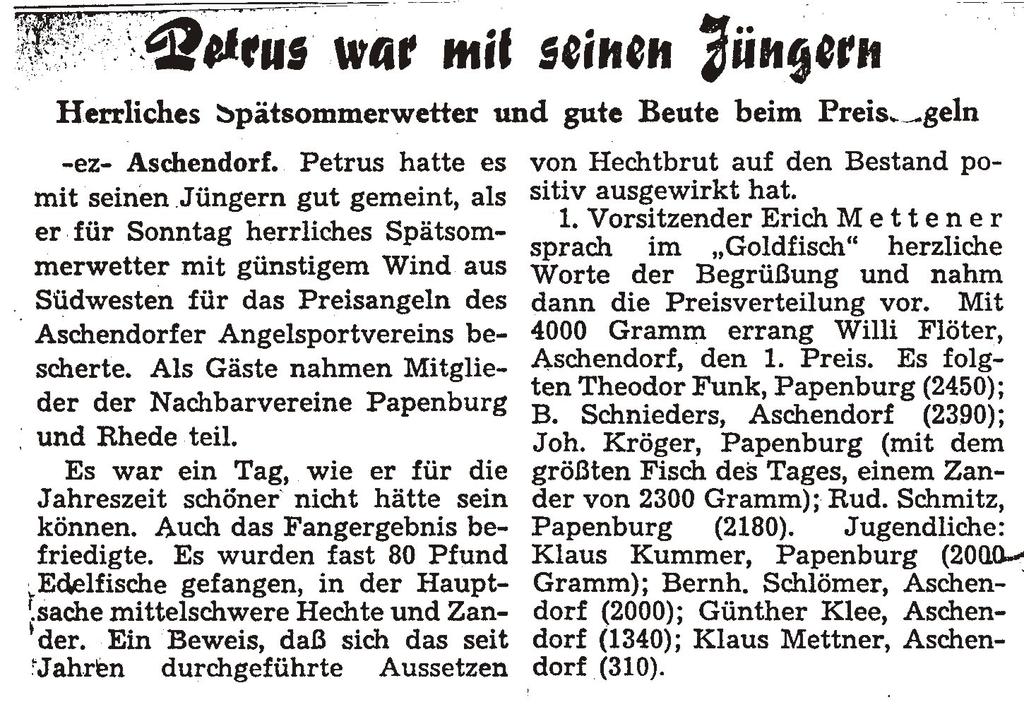 Zeitungsbericht Petrus war mit seinen Jüngern Text: Bericht über ein Preisangeln der Vereine Aschendorf, Papenburg und Rhede im Jahr 1958; der ASV Rhede ist seit 1955 an diesen