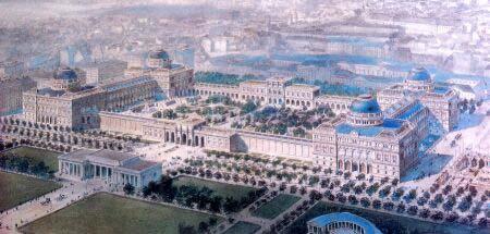 Entwurf Semper, Hasenauer, 1869 Das Kaiserforum ist die einzige Platzkomposition, die über beide Seiten des Ringes ausgreift und die einzige, auf der die Gebäude