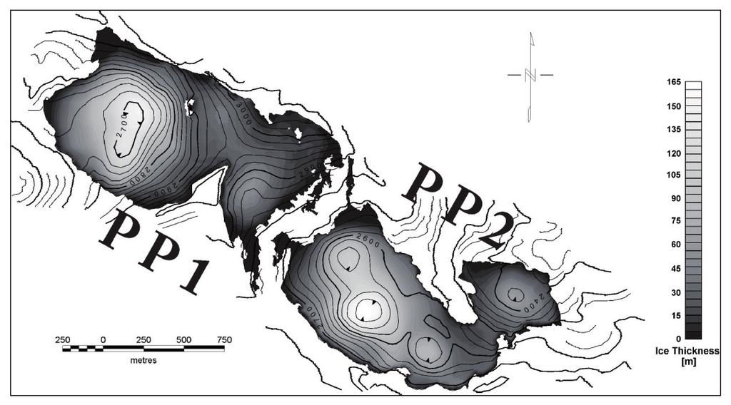 Abb. 6: Eismächtigkeit von Goldbergkees und Kleinfleißkees im Jahr 2003. Die Messungen wurden mit einem Bodenradar durchgeführt (Binder et al., 2009) Abb.