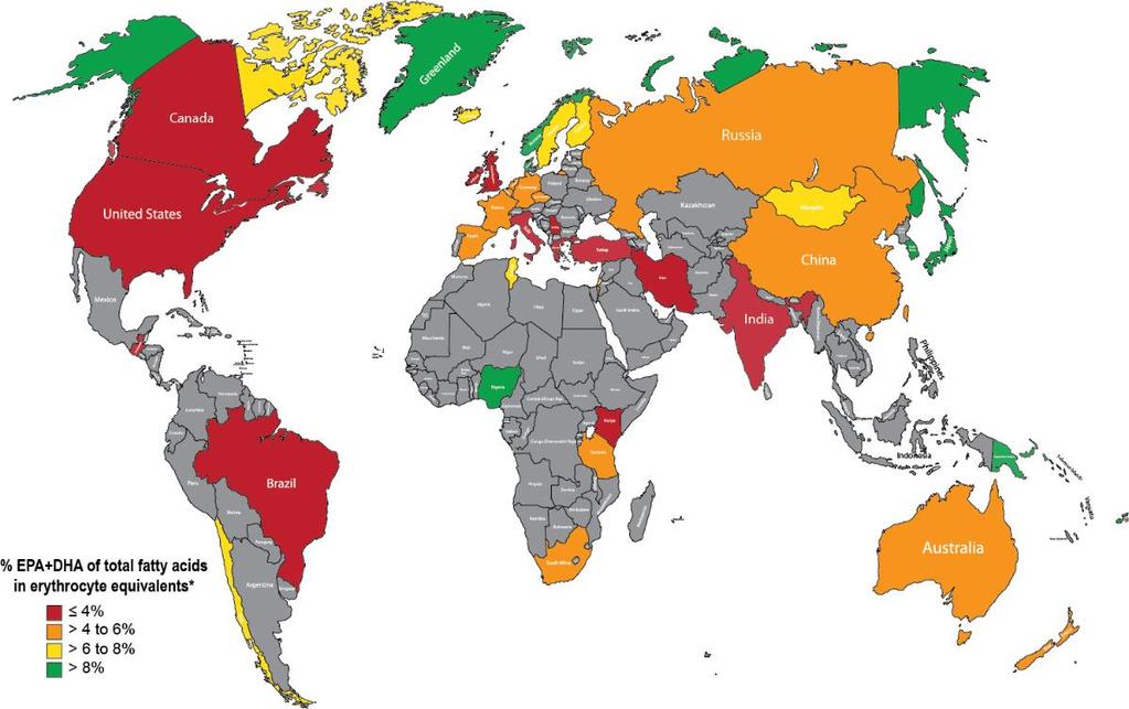 Die Weltkarte zeigt regionale Unterschiede im EPA und DHA Mangel Basiert auf der Analyse von roten Blutzellen Keine Daten Quelle: A Global Survey of the omega-3 fatty acids,