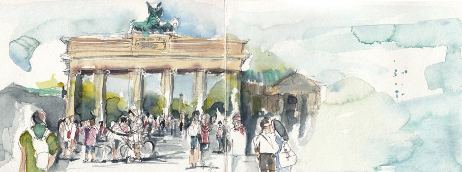 Das Brandenburger Tor, die Spree, der Hauptbahnhof -Start unserer Workshopserie Skizzenbuch Berlin.