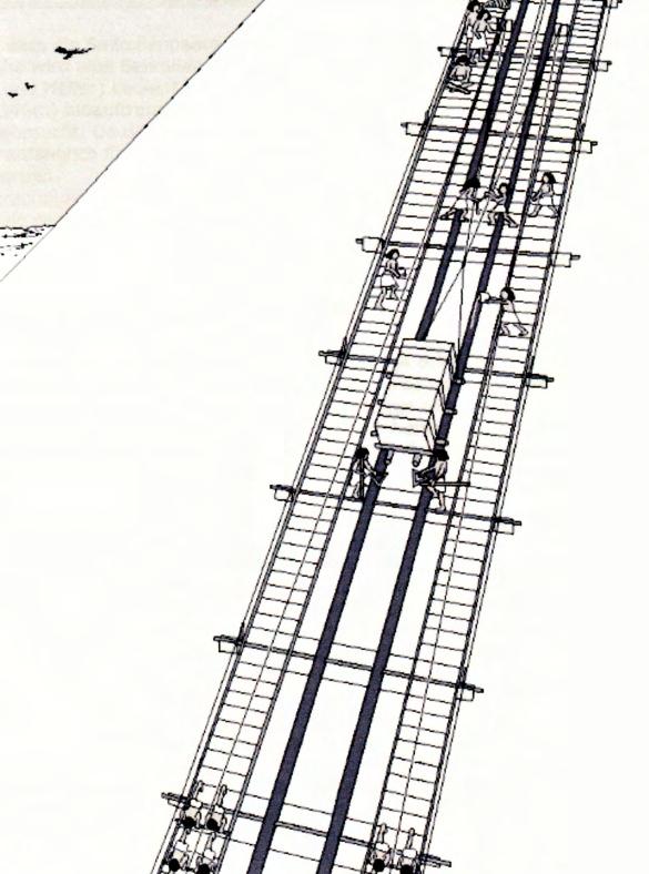 Abb. 7.5.3.2 Gleisanlage mit Seilrollenstation nach Löhner Die Verankerung der Gleise erfolgt an den in Bossen stehen gelassenen Steinen der Außenverkleidung bzw.