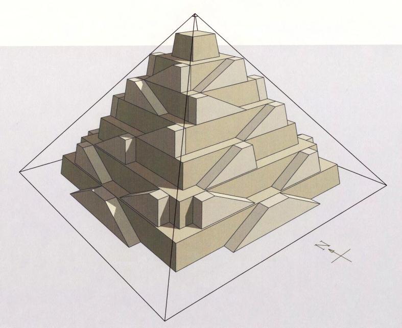 Aus dieser Darstellung wird noch einmal deutlich, dass die Stufen des Kernmauerwerks von jeder Seite der Pyramide aus zeitgleich über zwei Rampen bzw. über eine Rampe gebaut werden können.