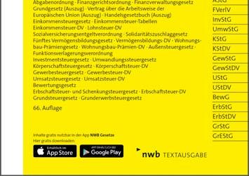 10,20 (A) ISBN 978-3-482-60458-4 Erscheint im: Februar 2017 Produktgruppe: Textausgaben Diese NWB Textausgabe enthält neben einer Zusammenstellung aller wichtigen deutschen Steuergesetze und