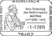 Todestg des Reformators Jan Hus" - MiNr Uso 365 S-Umschlag Wertstempel "Konstanzer Konzil und 2ct Erg-M.