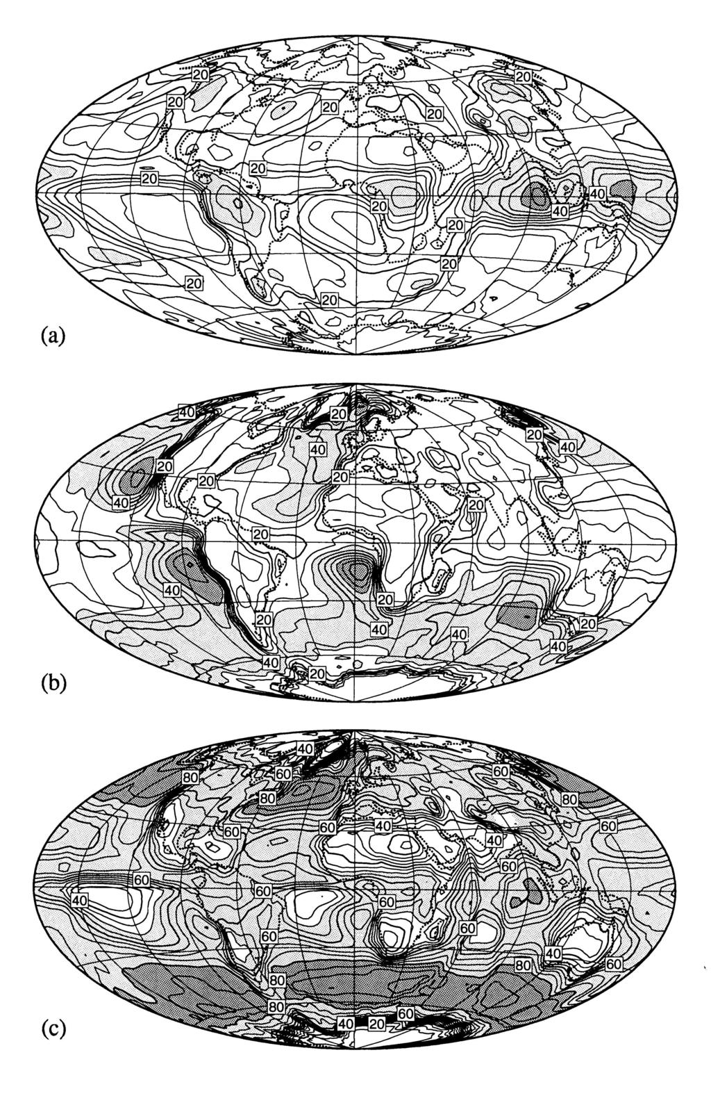 Fig.12: Mittlere j ahrliche prozentuale Wolkenbedeckung (bestimmt aus Satellitendaten des International Satellite Cloud Climatology Project [ISCCP, Rossow und Schiffer (1991)].