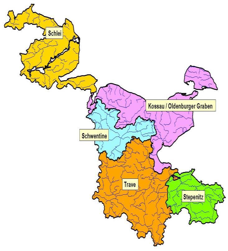8 Abb. 3: Planungseinheiten der FGE Schlei/Trave Die fünf Planungseinheiten der FGE Schlei/Trave umfassen jeweils ein oder mehrere hydrologische Teileinzugsgebiete und sind in Abb. 3 dargestellt. Tab.