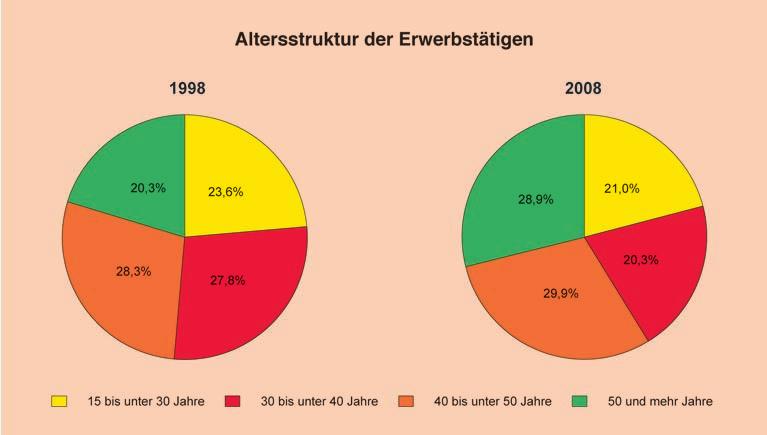 Erwerbstätigkeit 2008 in Thüringen in der Altersstruktur der Erwerbstätigen.