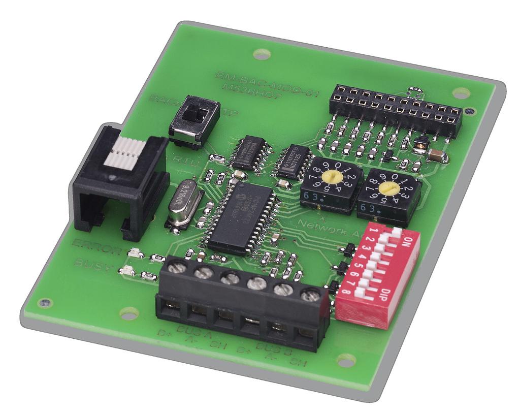 zwischen BACnet MS/TP und Modbus RTU BACnet-Standardised-Device-Profile (Annex L) Modbus-Schnittstelle mit einzelnen Datenregistern Native BACnet-Schnittstelle durch