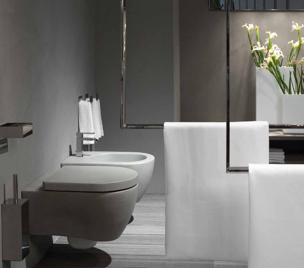 sanitari SMOOTH ceramica + cemento, accessori CLEAN acciaio lucido, accessori corian