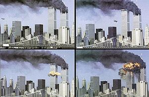 Einschlag des zweiten Flugzeugs in den Süd- Turm des World Trade Centers am 11. Septembers 2001 um 9:03 Lokalzeit in New York (Ablauf von links oben nach rechts unten).