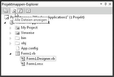 jetzt lerne ich 3 Formulare und Steuerelemente Abb. 3.8: Codebehind- Dateien müssen im Projektmappen-Explorer sichtbar gemacht werden.