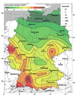Erdbebengefährdung Deutschlands gemäß Abb. 4, aus der die seismische Zonierungskarte der Norm direkt abgeleitet wurde (Grünthal et al., 1998; Grünthal, 2005).