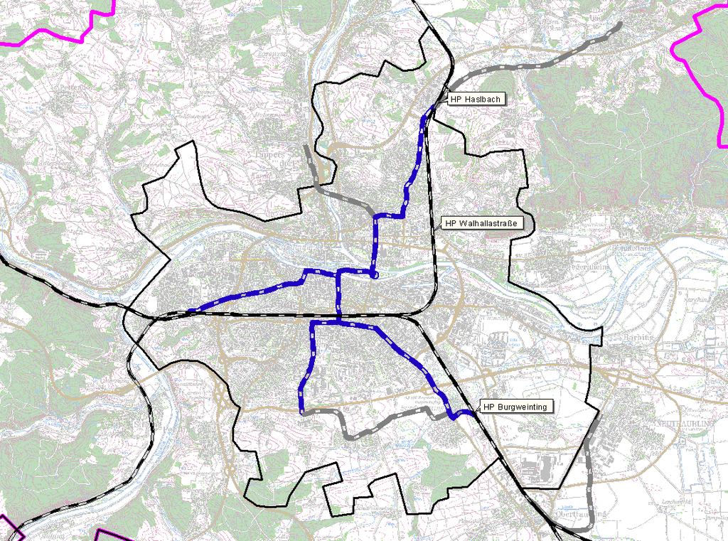 Maßnahmen im IV und ÖV Seite 112 Bei Realisierung eines Regio-Stadtbahnsystem wären Verknüpfungspunkte im Nordosten der Stadt (Wutzlhofen) und im Südosten (am Haltepunkt Burgweinting) vorzusehen.