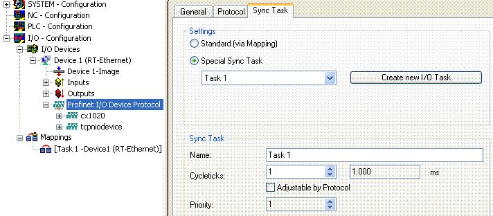 TwinCAT Supplement Abb. 10: Karteireiter Sync Task Als nächstes wird eine Box in Form einer GSDML eingebunden (rechte Maustaste auf "PROFINET I/O Device Protocol").
