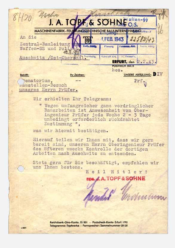 Fragen zum Geschäftsbrief von J. A. Topf & Söhne an die SS-Bauleitung in Auschwitz vom 2. Februar 1943 1. Wie ist das Schreiben aufgebaut? 2. Welche Forderungen richtet die SS an die Firma J. A. Topf & Söhne? 3.