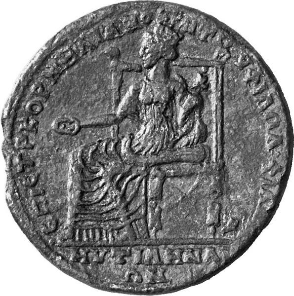 Woher kommen die Kultbilder? Die Tyche von Lesbos, in ihrem Arm die Kultstatue des Dionysos Phallen haltend. Bronzemünze aus Mytilene (Lesbos), 197-217 n. Chr.