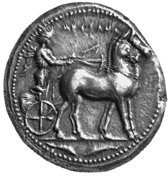 Wettkämpfe zu Ehren der Götter Ein Wagenlenker, die siegreiche Maultierbiga antreibend. Tetradrachme aus Messana (Sizilien), um 420 v. Chr.