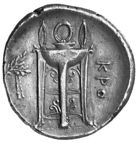 Der Wille der Götter Dreifuss des Apollon, links im Feld ein mit Bändern geschmückter Lorbeerzweig. Nomos aus Kroton (Lukanien), um 320 v. Chr.