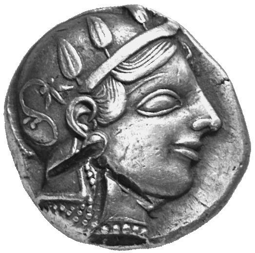 Athene und Athen Kopf der Athene im attischen Helm mit Kranz aus Lorbeerblättern. Tetradrachme aus Athen, um 460 v. Chr.