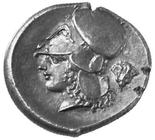 Athene und Korinth Kopf der Athene im korinthischen Helm, dahinter das Kontrollzeichen Rose. Stater aus Korinth, 370-340 v. Chr.