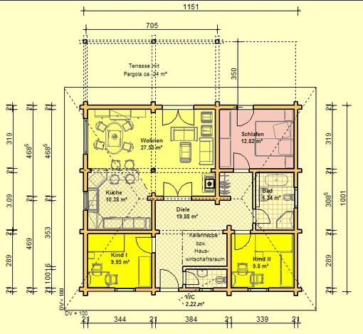 5 Bungalow 115V3 Variante mit 2 Kinderzimmern und einer Treppe zum Keller, in dem sich der Heizungsraum sowie ein Hauswirtschaftsraum befinden.