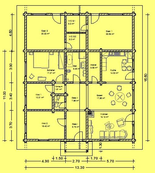 3 Variante mit 2 Gästezimmern: WB04V2 Satteldach 22 Wohnfläche