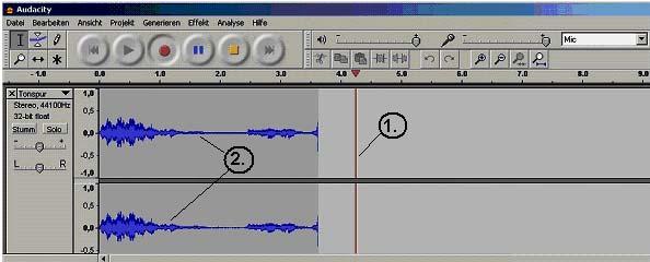 Nun muss ins Mikrofon z.b. gesprochen werden: die rote Linie (1.) zeigt den Fortschritt der Aufnahme an, die blaue Welle (2.) stellt den aufgenommen Ton grafisch dar. Abb.