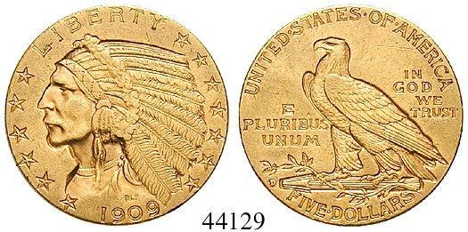 44129 63863 5 Dollars 1909, D, Denver. Indianer. Gold. 7,52 g fein. Friedb.151; KM 129. Kratzer auf Rs.