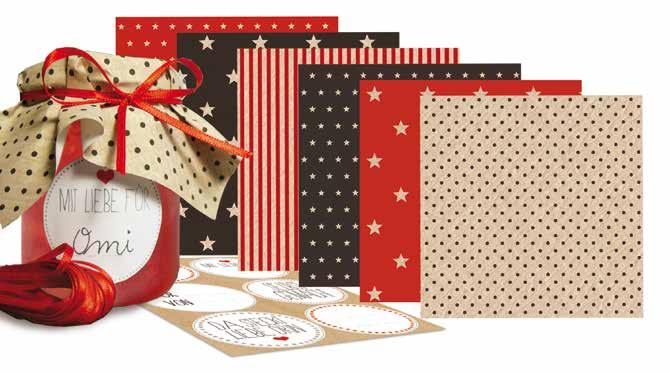 Sets pro Karton 6 sheets of waxed tissue paper, 15 x 15 cm, 30 g/m 2, 6 designs, 6 stickers (Ø 5,3 cm), red satin ribbon (3 m x 3 mm) TU: 10 sets, 300 sets per box 4611-0001 6