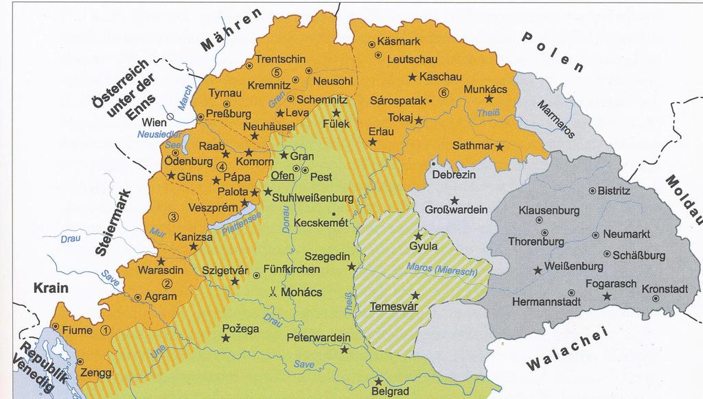 Dreiteilung Ungarns (Königliches Ungarn [ocker], osmanisches Ungarn [grün], Siebenbürgen [grau]) im 16.