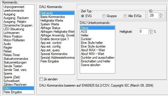 Damit kann ein einzelnes DALI-EVG programmiert werden. Hinweis: Nur mit LCN-HU! LCN-HU und EVG via DALI- Bus verbinden. Unter 2 - Ausgänge die Ausgänge und den DALI-Mode aktivieren.