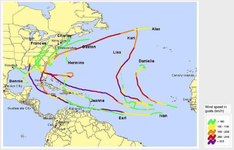 Zugbahnen und Windgeschwindigkeiten von Hurricanes und Taifunen des Jahres 2004.