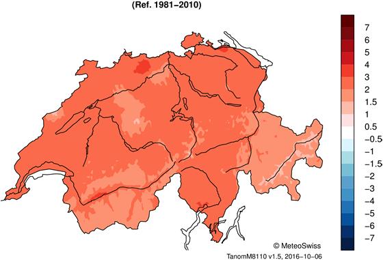 MeteoSchweiz Klimabulletin September 2016 4 Temperatur, Niederschlag und Sonnenscheindauer im September 2016 Messwerte absolut Abweichungen zur Norm