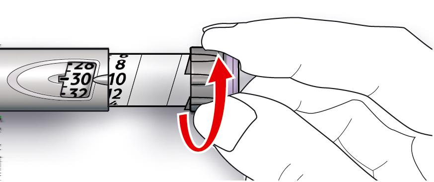 D Klopfen Sie an den Insulinbehälter, damit eventuell vorhandene Luftblasen in Richtung Nadel steigen. E Drücken Sie den Injektionsknopf vollständig ein.
