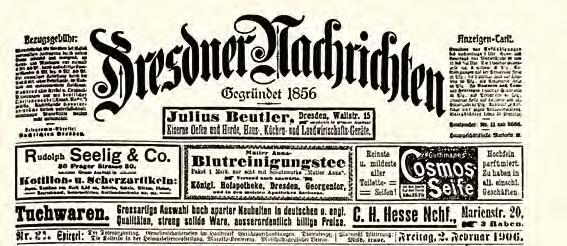 14 Der Kopf der Dresdner Nachrichten, in denen Carl Huter für die Vorträge vom 5. und 6. Februar 1906 im Ausstellungspalast Dresden warb. S. auch Abb. 15. Zuhörerkreise.