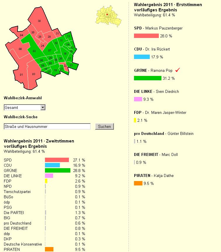 Berlin: L11-Ergebnis nach Wahlkreisen Die Einfärbung der Stimmbezirke gibt die jeweils stärkste Partei beim Zweitstimmenanteil wieder Als vorläufiges Ergebnis ausgewiesene Erst- bzw.