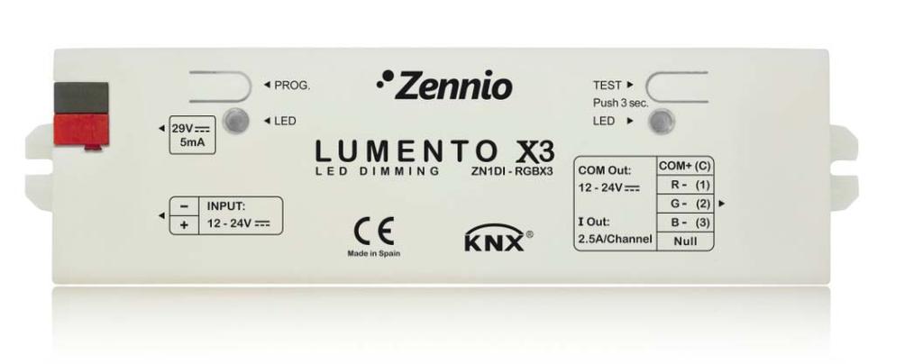 1. EINLEITUNG 1.1. LUMENTO X3 LUMENTO X3 ist ein Zennio-Kontroller, der es ermöglicht LED-Leuchtmittel mit bis zu drei Farben zu steuern: Rot, Grün und Blau (LED's vom Typ RGB: Red - Green Blue.