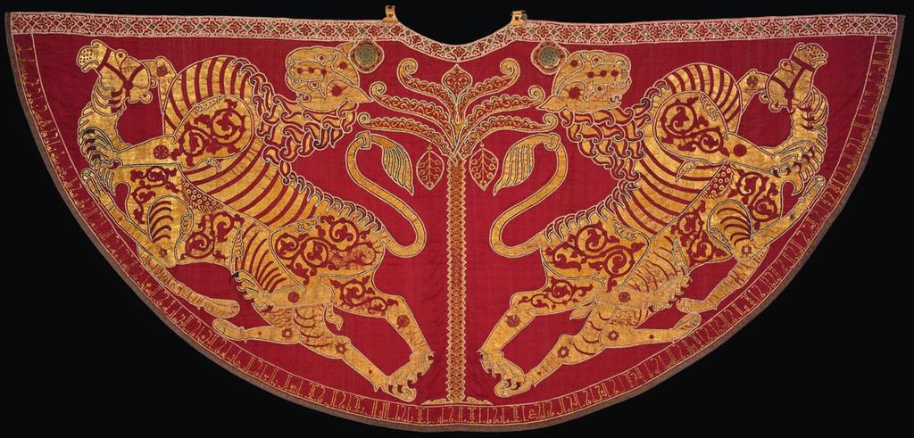 Krönungsrobe der Stauferkaiser, datiert 1133 /1134, 146 345 cm, Kunsthistorisches Museum Wien. Arabische Künstler fertigten den Mantel aus schwerer roter Seide für König Roger II. von Sizilien.