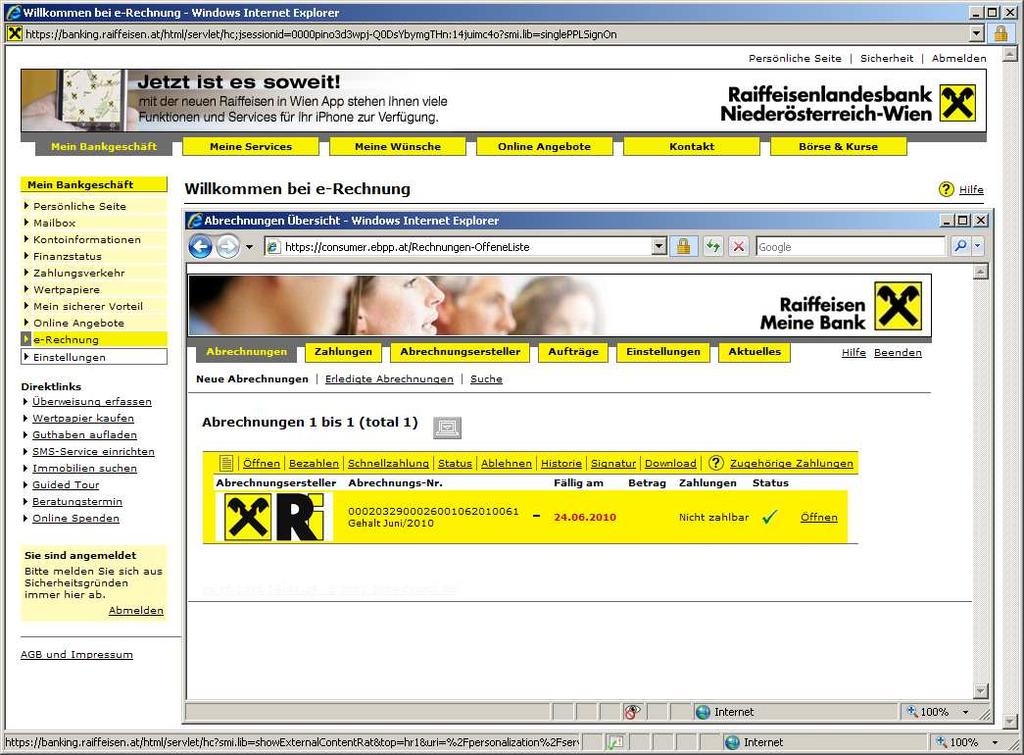 Ansicht des Mitarbeiters im Internet Banking Zu Präsentationszwecken werden Screenshots aus dem Elba-Internet Banking von Raiffeisen verwendet.