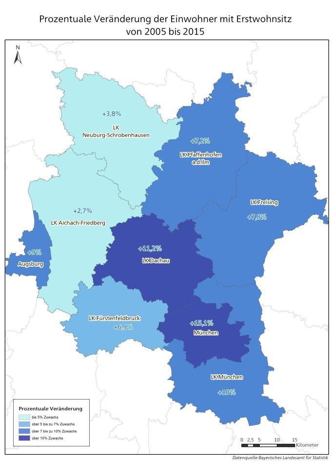 Grundlagenermittlung Gesamtverkehrskonzept Landkreis Dachau Seite 13 Abbildung 2-4: Prozentuale Einwohnerentwicklung und Bevölkerungsprognose für das Jahr 2034 der umgebenden Landkreise des LK