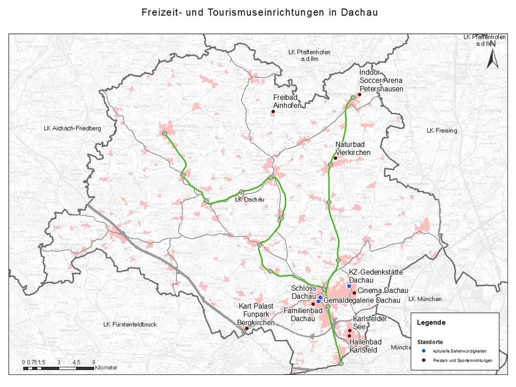 Grundlagenermittlung Gesamtverkehrskonzept Landkreis Dachau Seite 23 Die ausgewählten Freizeit- und Tourismuseinrichtungen sind in Abbildung 2-13 kartiert.