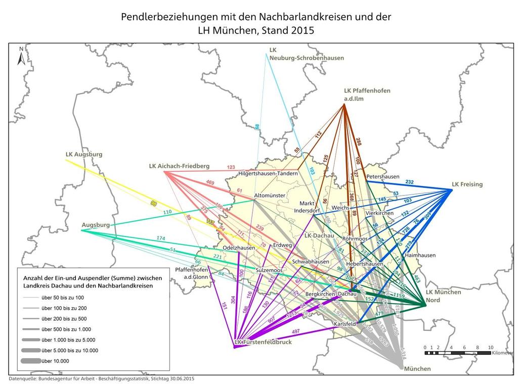 Grundlagenermittlung Gesamtverkehrskonzept Landkreis Dachau Seite 30 übrigen Gemeinden sind nur schwache Pendlerströme (Summe aus Ein- und Auspendlern unter 100 Personen) zu verzeichnen.