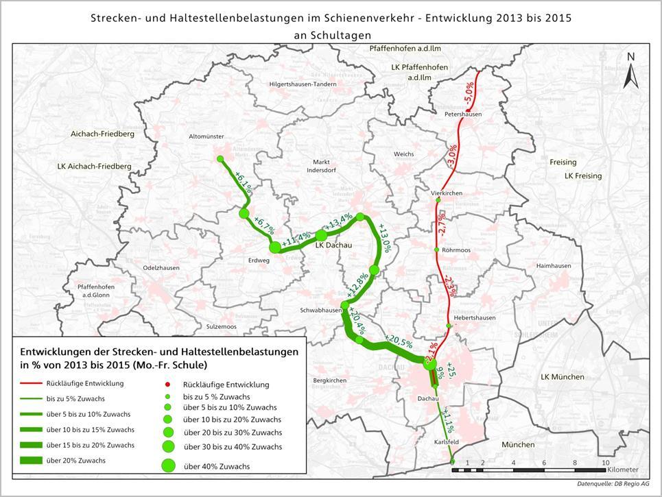 Grundlagenermittlung Gesamtverkehrskonzept Landkreis Dachau Seite 56 Der Streckenast nach Altomünster ist durch deutlich geringere Fahrgastzahlen gekennzeichnet (vgl. Abbildung 6-3).