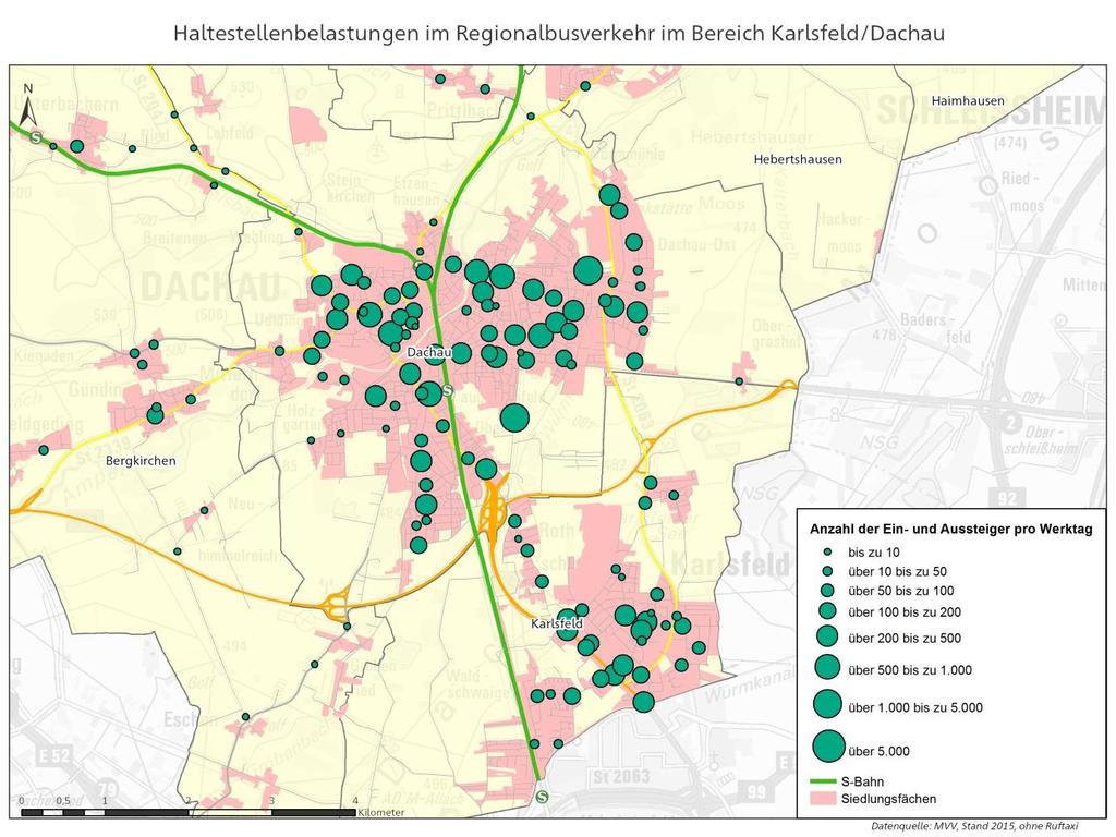 Grundlagenermittlung Gesamtverkehrskonzept Landkreis Dachau Seite 59 Im Stadtgebiet von Dachau sowie in Karlsfeld ist die Nachfrage relativ ausgeglichen auf die verschiedenen Haltestellen verteilt
